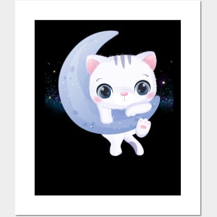 Cute Cat on the Moon Posters and Art